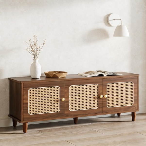 rattan tv stand, media console, tv console table, living room furniture, wooden media cabinet, modern tv stand, new arrival, minimalist, lifestyle, calm, trustworthy, brown, neutral
